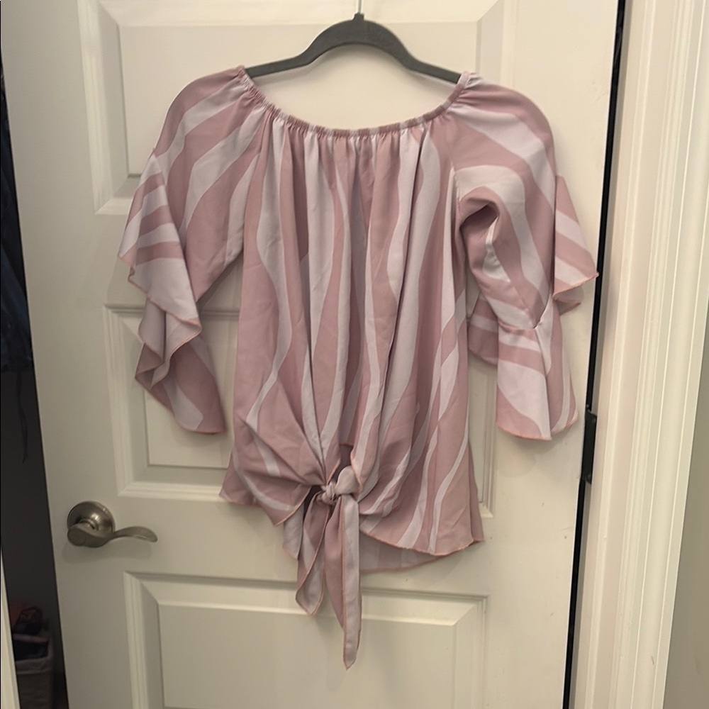 Pink Puff Sleeve Tie-Front Blouse